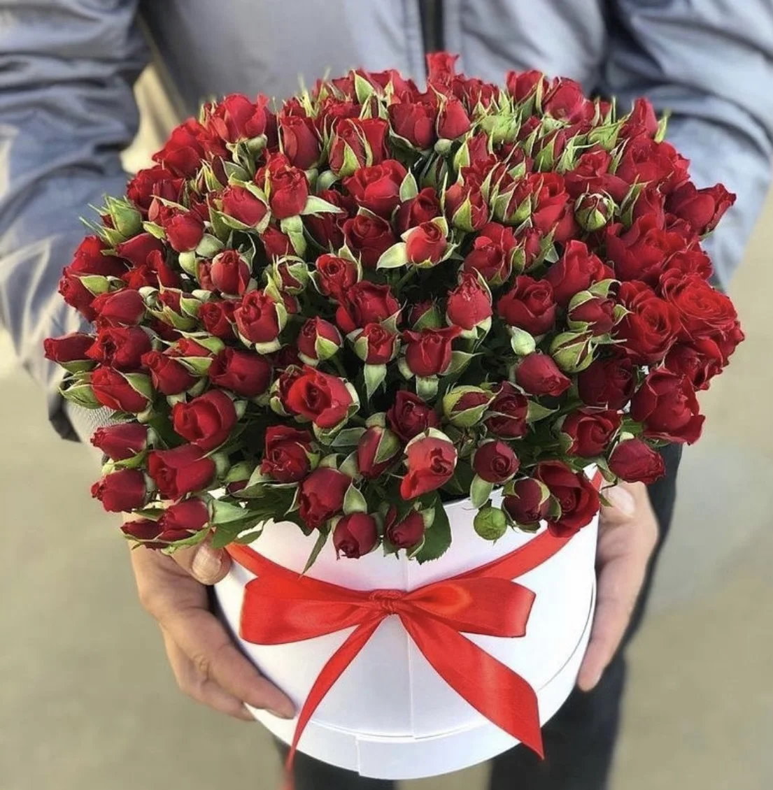Красные Кустовые розы в коробке