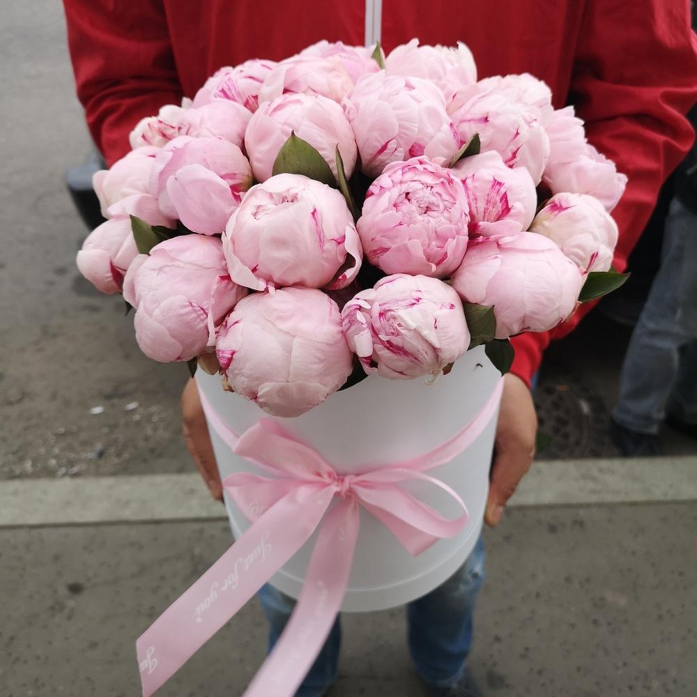 Розовые пионы 25 шт в шляпной коробке