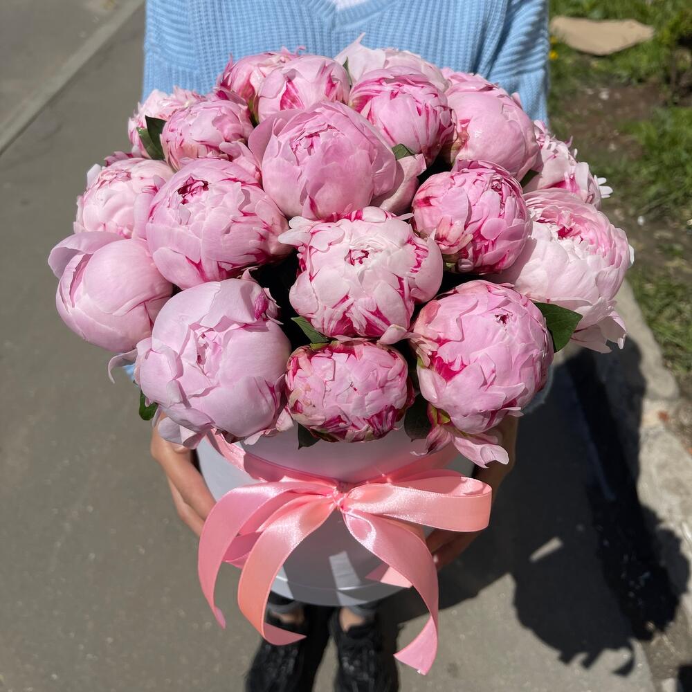 Розовые пионы 21 шт в шляпной коробке